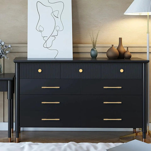 Solid Brass Gold Cabinet Pulls Set Of 4 With 5 Inch Hole Centers For Modern Kitchen Cupboards, installed on black dresser