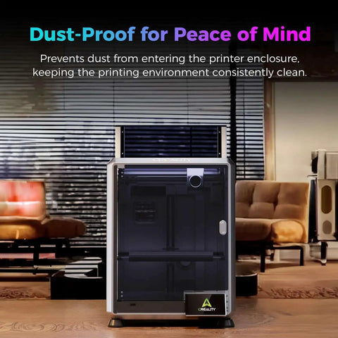 K1 SE And K2 SE 3D Printer Enclosure With Transparent Dustproof Cover Keeps Constant Temperature And Noise Down Pro Grade Protective Tent Easy Snap-On Fit For Cleaner Quieter Prints, shown in a living room setting.