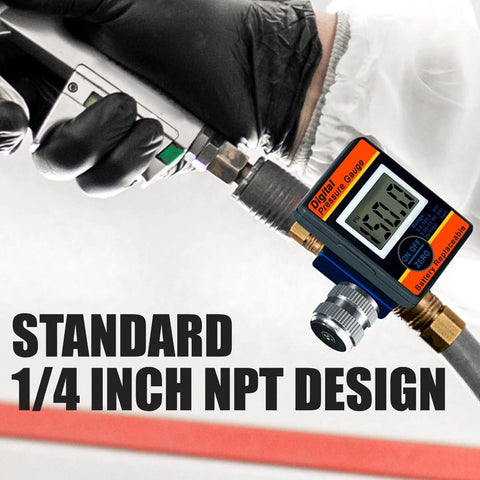 LE LEMATEC digital air pressure regulator with LED display and 1/4 NPT fitting on air hose.