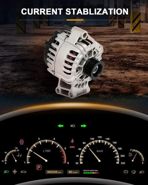 Drop-In Alternator Replacement for Ford Fiesta 2011-2019 in foreground with car dashboard gauges below