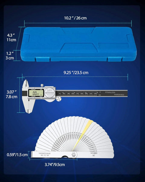 6 Inch Digital Caliper Measuring Tool with Feeler Gauges and Spare Batteries, Built Tough IP54 Waterproof Stainless Steel
