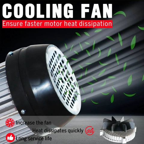 Cooling fan for electric hoist ensuring faster motor heat dissipation with visual effects of airflow and leaves.
