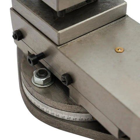 Close-up of AT300 Metal Lathe Tool Post Holder showing cast iron construction and rotating table for mini lathe assembly.