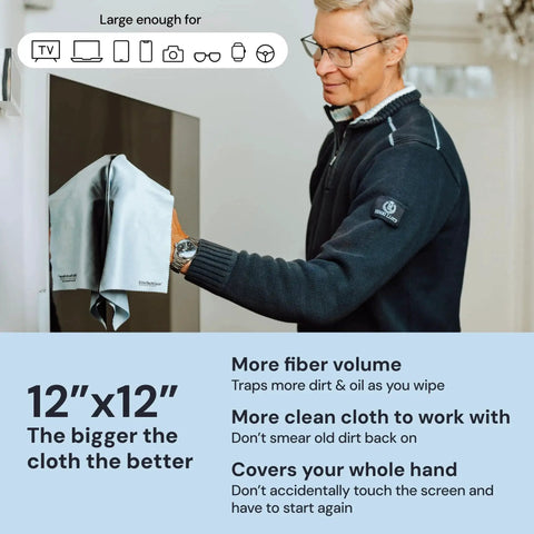 Man cleaning TV with Microfiber Cleaning Cloth 12x12 4 Pack Blue for Screens and Glasses