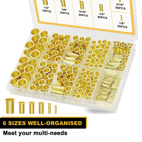 Brass compression tube inserts assortment kit in clear plastic case; 236pcs in 6 sizes: 1/8", 3/16", 1/4", 5/16", 3/8", 1/2"