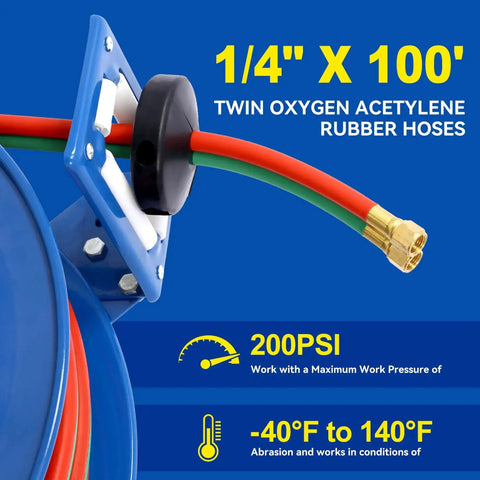 Close-up of blue retractable welding hose reel with 1/4 inch by 100 foot twin oxygen and acetylene rubber hoses, 200 PSI.