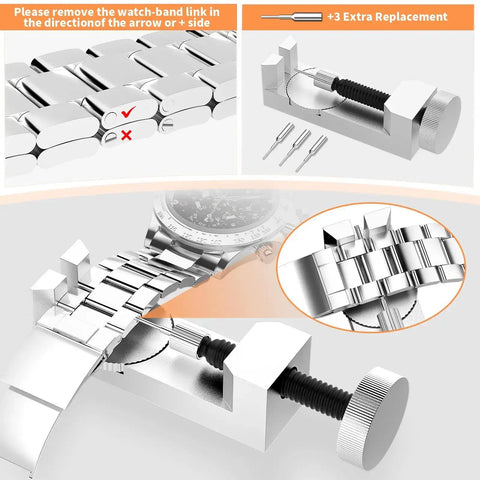 Deluxe 155 Piece Watch Repair Kit With Carrying Case Pro Grade Do It All Tools showing band link removal tool and instructions.