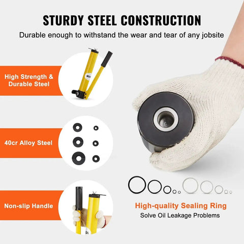 Hand holding part of 15 Ton Hydraulic Knockout Punch Kit with sealing rings and durable steel construction details