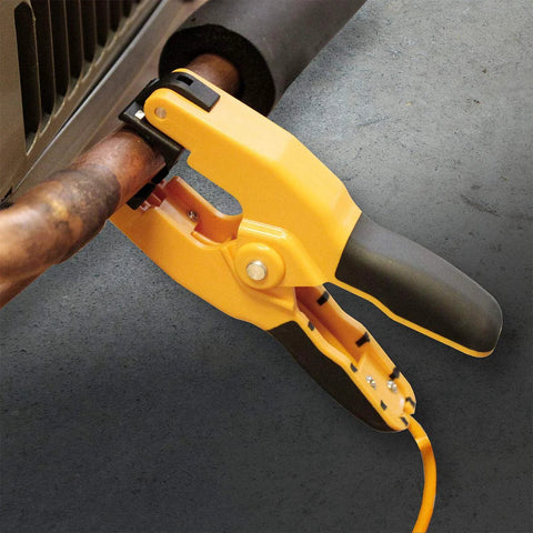 UEi ATTPC3 pipe clamp K-type thermocouple adapter on a copper pipe; yellow clamp with black grip and orange lead
