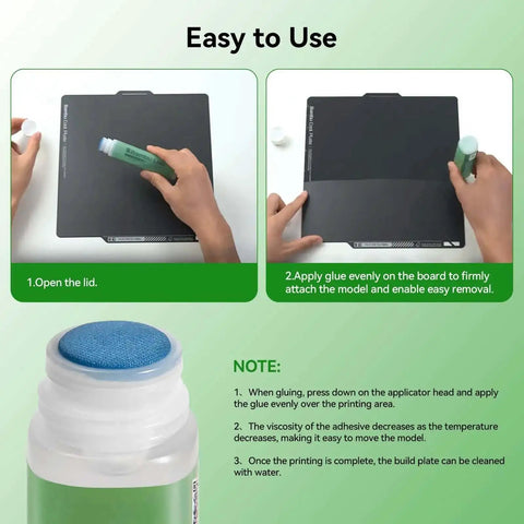 Instructions for using Rock Solid 60ML 3D Printer Adhesive Glue on a print bed with close-up of the adhesive applicator