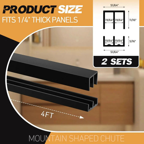 Plastic Sliding Door Track Set for Cabinets and Panel Doors, 4 Ft Length, black color showing double rails and dimensions.