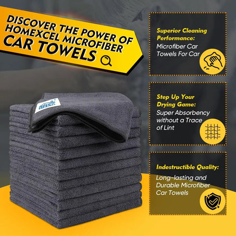 Ultra Absorbent Microfiber Towels For Cars And Home 12 Pack 12.5 Inch Square Cleaning Cloths Lint Free Streak Free For Car Kitchen Window Everyday Grey HOMEXCEL stacked in a pile.