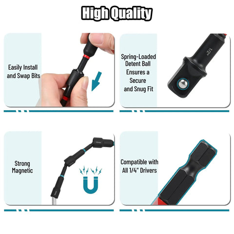 29-Piece Magnetic Nut Driver Set features quick release extensions, spring-loaded detent, magnetic hold, and 1/4 inch compatibility details.