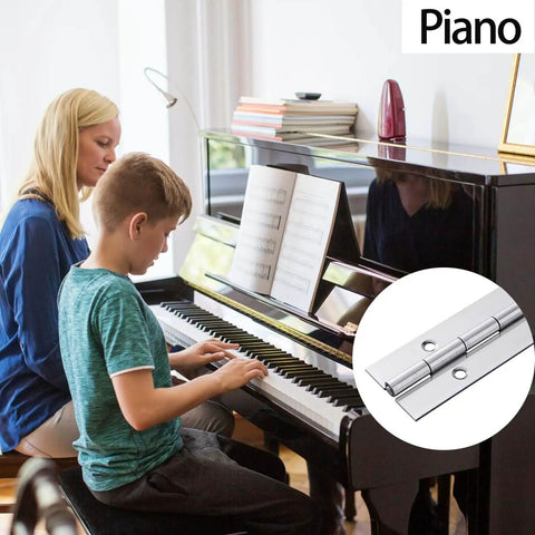 Woman and child playing piano with inset image of Heavy Duty 36 Inch Piano Hinge 0.060 Inch Stainless Steel 304 Continuous Hinge With Holes.