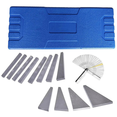 Precision Angle Block Set for Machinists Dope UpAmcarker Includes Twelve Hardened Steel Gauge Blocks From One Quarter To Thirty Degrees For Milling Lathes And Inspection Calibration In A Quarter Inch Thick Block shown with case and protractor