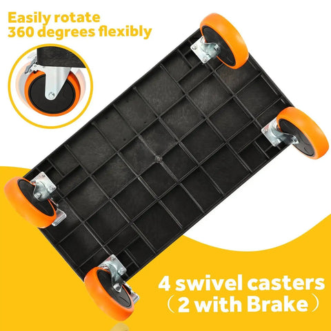 Heavy Duty Plastic Utility Cart 34 By 17 Inches With Deep Shelves And Full Swivel 6 Inch Casters showing underside wheels