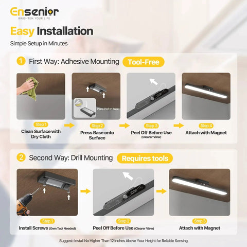 Installation methods for Rechargeable Motion Sensor Light Bar With 2000mAh Battery Dimmable Wireless Under Cabinet Lighting Digital Battery Display 130 Degree Rotatable Magnetic Closet Lights Remote Control Stick On Easy Install For Dorm