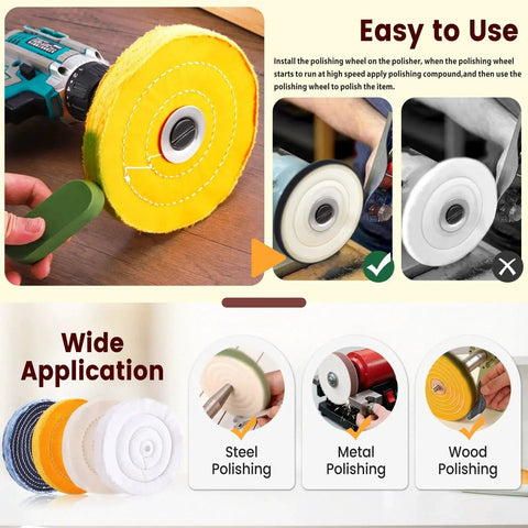 8 Piece 6 Inch Buffing And Polishing Wheel Kit for Bench Grinder with demonstration of use on different materials.