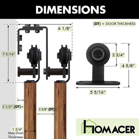 Image showing dimensions of Rustic Black Double Track Bypass Sliding Barn Door Hardware Kit For Two Doors 20ft Flat Track With U Shape Brackets And T Shape Rollers Space Saving Quiet Smooth Operation Easy Install Heavy Duty.
