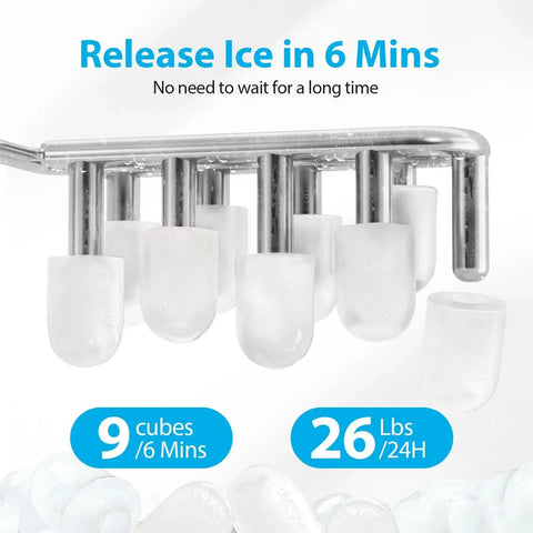 Countertop Ice Maker 9 Ice Cubes In 6 Minutes 26 Lb Per Day Self Cleaning showing ice release and production rate.
