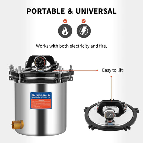 BAOSHISHAN 18L stainless steel steam autoclave with pressure gauge and locking clamps