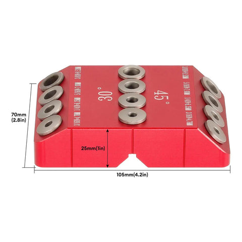 30 45 90 Degree Drill Hole Guide Jig For Angled And Straight Holes Four Size Portable Deck Cable Railing Lag Screw Drilling Template Block For Horizontal Cable Wood Post And Stair Handrail Pro Grade Aluminum Alloy, side view with measurements in red aluminum.