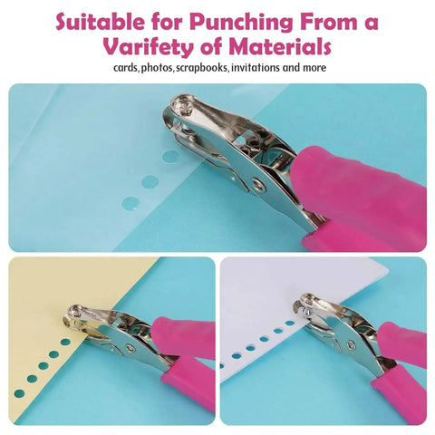 One Hole Punch With Soft Grip Handle For Paper One Quarter Inch Hole Punch Pink With Mess Tray Six Sheet Capacity punching paper