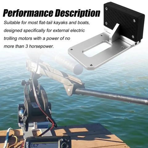 Universal Kayak Trolling Motor Mount for Flat Stern Kayaks Or Boats Transom Bracket Fits Electric Trolling Motors Up to 3HP Heavy Duty Corrosion Resistant Stainless Steel Easy Clamp On Install shown in close-up view with motor attached on water.
