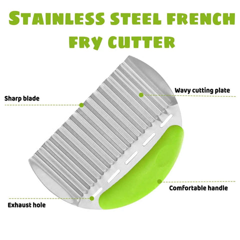 Crinkle Fry Cutter For Potatoes And Veggies With A Sturdy 0.6mm Stainless Steel Blade And Non Slip 13mm Handle, Easy Press French Fry Cutter For Home Kitchens, Makes Classic Wavy Fries And Home-Style Veggie Slices Green shown with sharp blade and green handle.