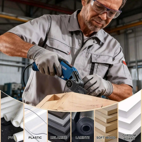 Man using Titanium Plated Oscillating Saw Blades Kit For Metal Wood And Plastic 115 Piece Multitool Blades Set Built For Speed And Tough Cuts Compatible With Dewalt Milwaukee Ryobi Fein Dremel Bosch Rockwell Makita Porter Cable By Diagtree on wood