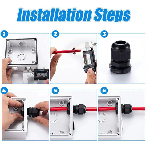 Installation steps of Waterproof Cable Gland Set 100 Piece Kit with gaskets in PP box for DIY projects and industrial wiring.