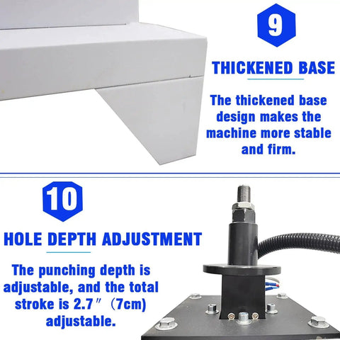 Close-up of Pro Grade Pneumatic Hinge Boring Insertion Machine for woodworking with thickened base and hole depth adjustment.