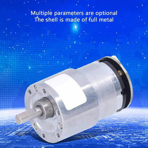 JGB37-520 DC12V Gear Motor With Encoder, High Torque Metal Gearbox, AB Phase Output shown against a starry sky.