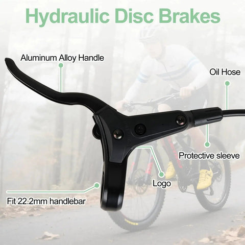 Close-up of bike hydraulic brake lever set with aluminum alloy lever and oil hose; fits 22.2mm handlebars