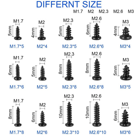 750 Piece Self Tapping Screws Set M1.7 Through M3 Phillips Pan Head Cross Recessed Carbon Steel Black For DIY Electronics And Gadgets