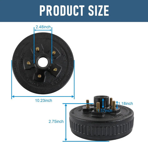 Heavy Duty Trailer Brake Hub Drum Kit Ten Inch And Two And A Quarter Inch Diameter For Three Thousand Five Hundred Pound Axles With Five On Four Point Five Inch Bolt Pattern Replaces Dexter And Other Brands JDMSPEED shown in size detail