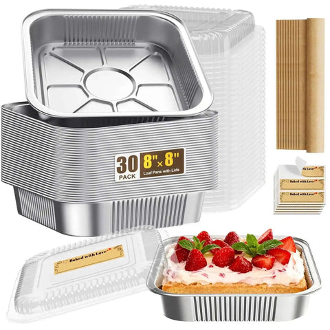 30 Pack Disposable Aluminum Foil 8x8 Inch Square Pans With Lids Parchment Paper Sheets And Stickers Kit for baking and meal prep