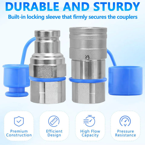 Two 3/8 in NPT flat-face hydraulic quick-connect couplers with blue dust caps, metal bodies, 2-piece set