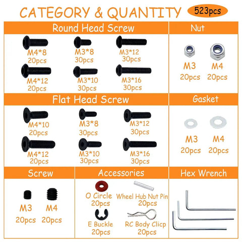 Rugged All In One RC Screw Kit with 15 Size Screws And Hardware Fasteners For Eighth To Sixteenth Scale Crawlers And Trucks, Perfect For Traxxas Axial Arrma Redcat Losi RC4WD And More with detailed view of screws and accessories in a box.
