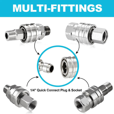 Premium 4 Piece Pressure Washer Quick Connect Fittings Set With One Quarter Inch NPT Female And Male Threads Stainless Steel Hose Adapters