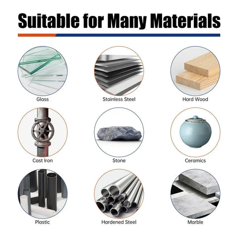 Various materials such as glass, stainless steel, hardwood, cast iron, stone, ceramics, plastic, hardened steel, and marble.