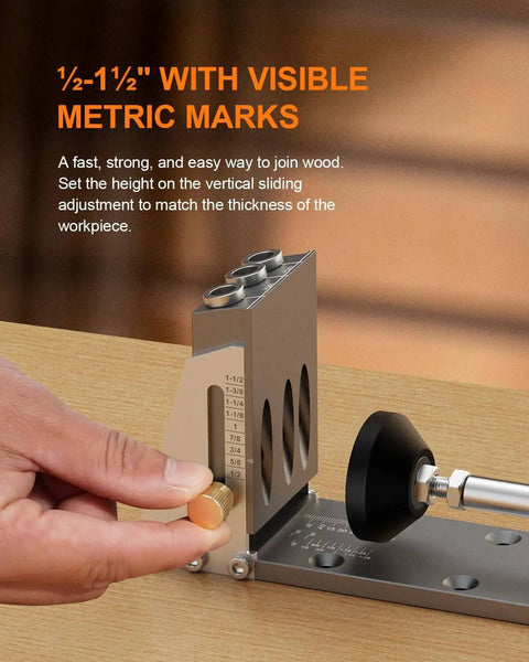 Adjustable Pocket Hole Jig Kit with metric marks for wood thickness 1/2 to 1-1/2 inches on wooden surface, showing a hand adjusting.