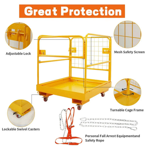 Heavy Duty Forklift Man Basket 36x36 Inches With 1200 Lb Capacity, yellow steel basket with mesh safety screen and lockable casters.