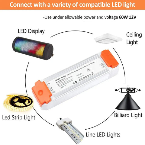 Dimmable LED Driver 12V DC 60W Quiet Operation Universal Regulated Power Supply compatible with various LED lights.