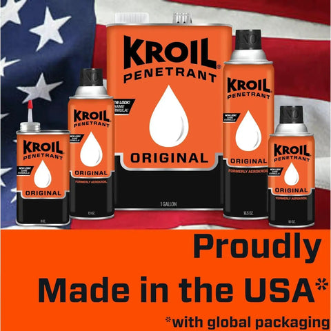Kroil penetrant oil containers in various sizes in front of an American flag