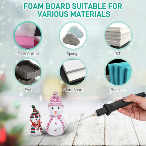 Person using Pro Grade Dope 6 In 1 Hot Foam Cutter Kit to shape foam snowmen, showing foam types it can cut, like sponge and KT.