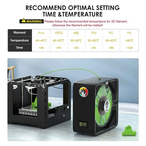 3D Printer Filament Dryer Box with fan connected to a 3D printer, showing adjustable temperature and humidity control settings.