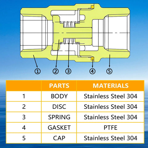 Boltigen 1-inch stainless steel spring check valve cross-section with internal spring, disc, and numbered parts