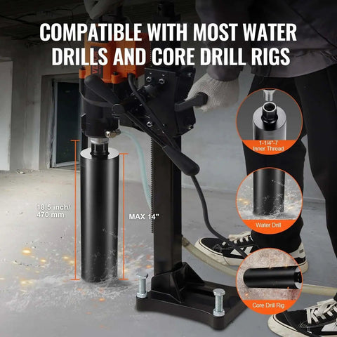 Beast Mode Diamond Core Drill Bit For Wet Concrete 4.25 Inch Diameter 14 Inch Depth Saw Blade Included installed in drill rig.