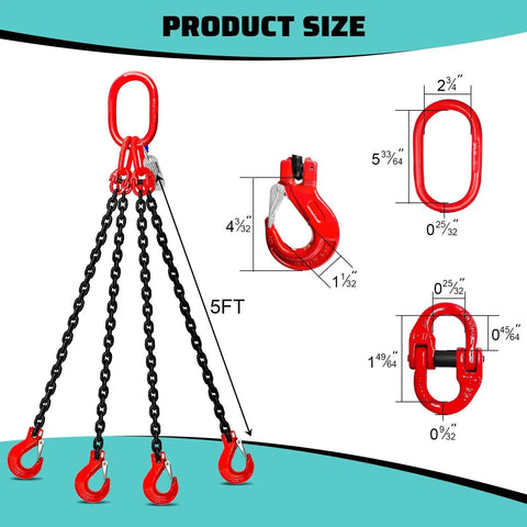 Front view of SENKEYFE 3-Ton four-leg chain sling with red hooks, 5 ft long, 1/4 in alloy steel
